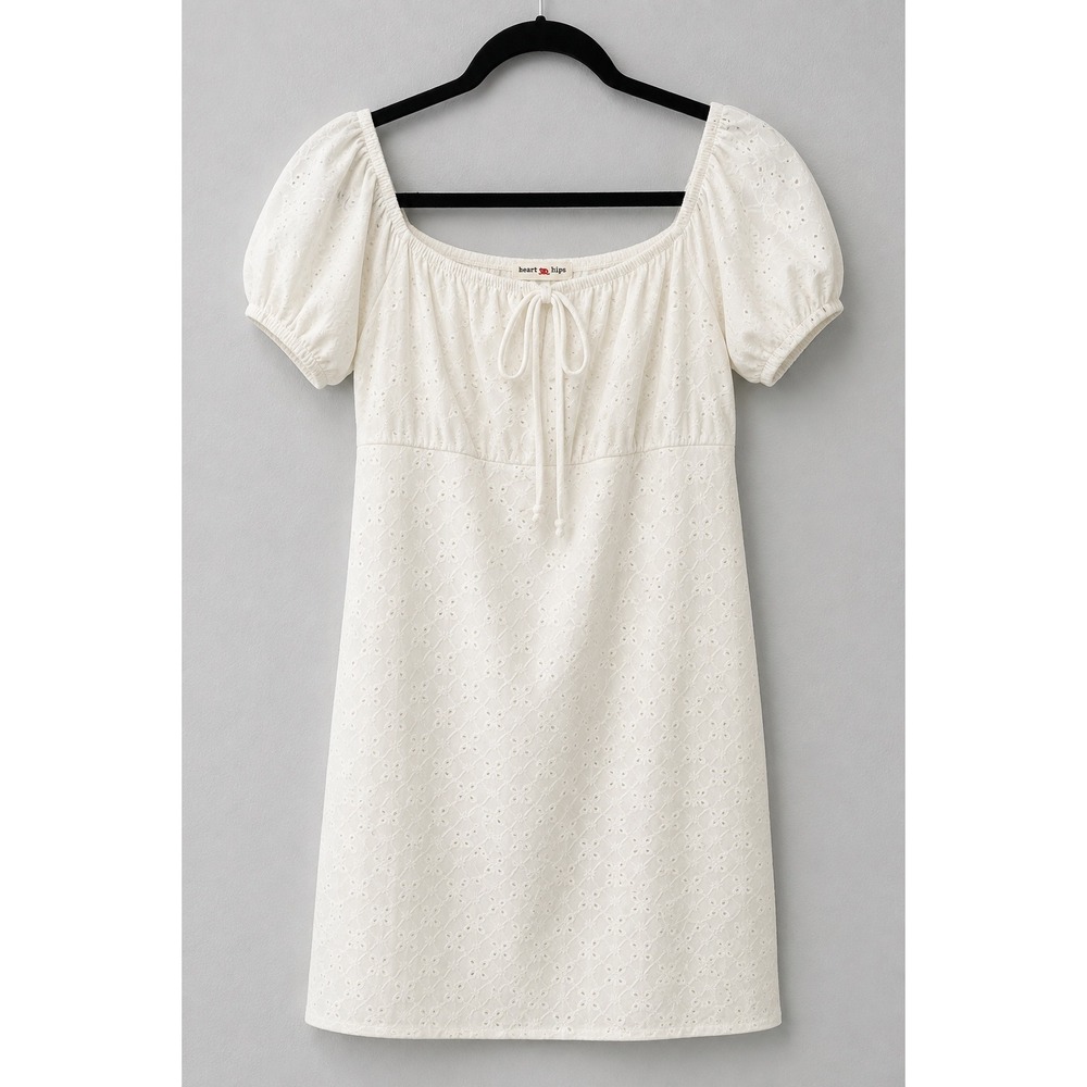 Heart Hips Eyelet Mini Dress Womens Large White Cottagecore Puff Sleeve L